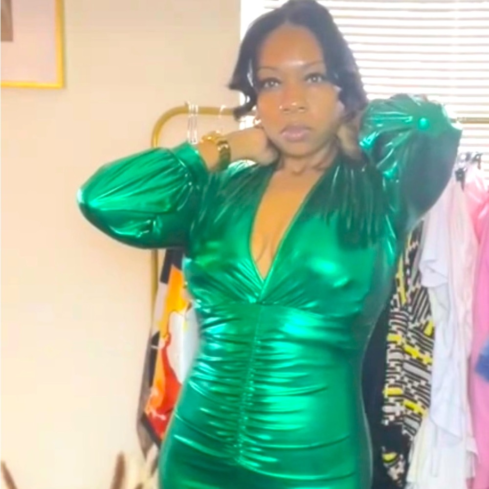 Green Metallic Mermaid Dress with front split. Size Small, Never Worn